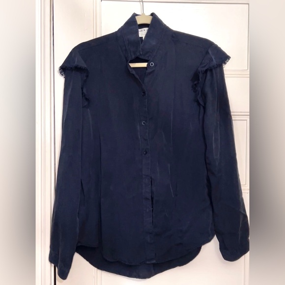 Navy Blue Cloth & Stone Button-up with Ruffle Sleeve Detail - Picture 1 of 5